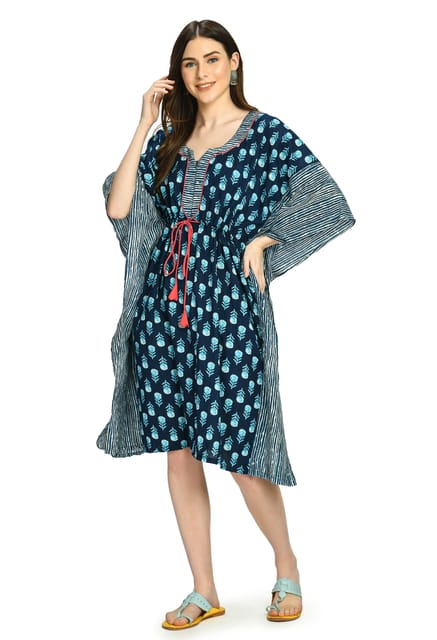 Mometernity Indigo Block Print Cotton Maternity and Nursing Short Kaftan - Indigo