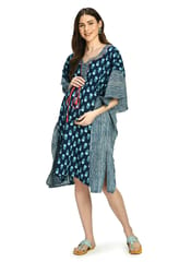 Mometernity Indigo Block Print Cotton Maternity and Nursing Short Kaftan - Indigo