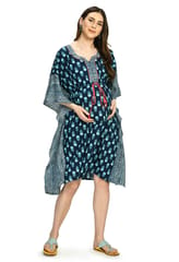 Mometernity Indigo Block Print Cotton Maternity and Nursing Short Kaftan - Indigo