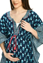 Mometernity Indigo Block Print Cotton Maternity and Nursing Short Kaftan - Indigo