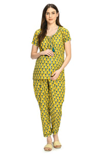 Mometernity Cotton Floral Print Maternity and Nursing Night Suit Top and Pant Set -  Yellow