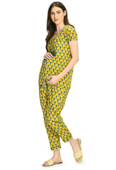 Mometernity Cotton Floral Print Maternity and Nursing Night Suit Top and Pant Set -  Yellow