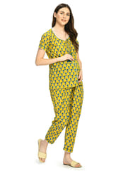 Mometernity Cotton Floral Print Maternity and Nursing Night Suit Top and Pant Set -  Yellow