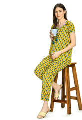 Mometernity Cotton Floral Print Maternity and Nursing Night Suit Top and Pant Set -  Yellow