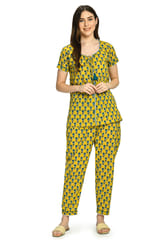 Mometernity Cotton Floral Print Maternity and Nursing Night Suit Top and Pant Set -  Yellow