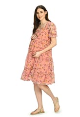 Mometernity Pink Floral Tiered Maternity and Nursing Short Dress - Pink