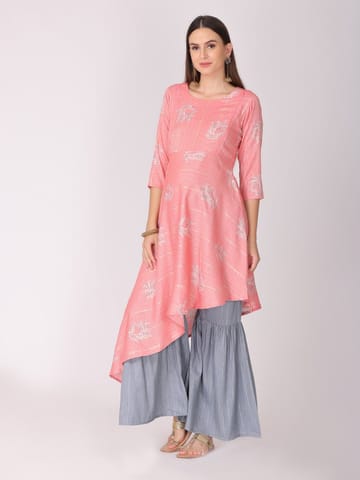 The Mom Store Rose Bloom and Grey Maternity and Nursing Kurta with Sharara Pants