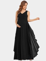 Plum and Peaches V Neck Ruffle Maternity Black Gown