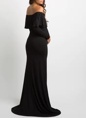 Plum and Peaches Off Shoulder Long Sleeve Maternity Gown with Trail