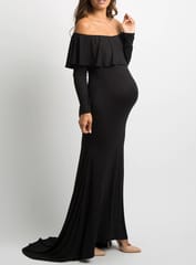 Plum and Peaches Off Shoulder Long Sleeve Maternity Gown with Trail