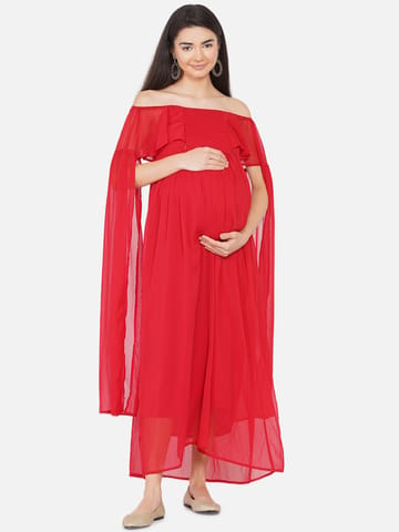 Mine4Nine Women's Maternity Solid Red Color Maxi Baby Shower Dress