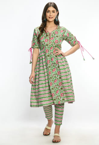 Mometernity Green Floral Zig Zag Maternity and Nursing Kurta Set