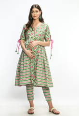 Mometernity Green Floral Zig Zag Maternity and Nursing Kurta Set