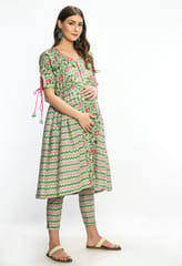 Mometernity Green Floral Zig Zag Maternity and Nursing Kurta Set