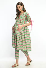 Mometernity Green Floral Zig Zag Maternity and Nursing Kurta Set