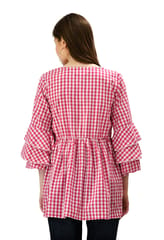 Mometernity Pink and White Cotton Check Print Ruffle Sleeves Maternity and Nursing Top