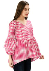 Mometernity Pink and White Cotton Check Print Ruffle Sleeves Maternity and Nursing Top