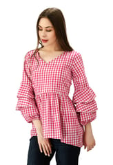 Mometernity Pink and White Cotton Check Print Ruffle Sleeves Maternity and Nursing Top