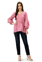 Mometernity Pink and White Cotton Check Print Ruffle Sleeves Maternity and Nursing Top