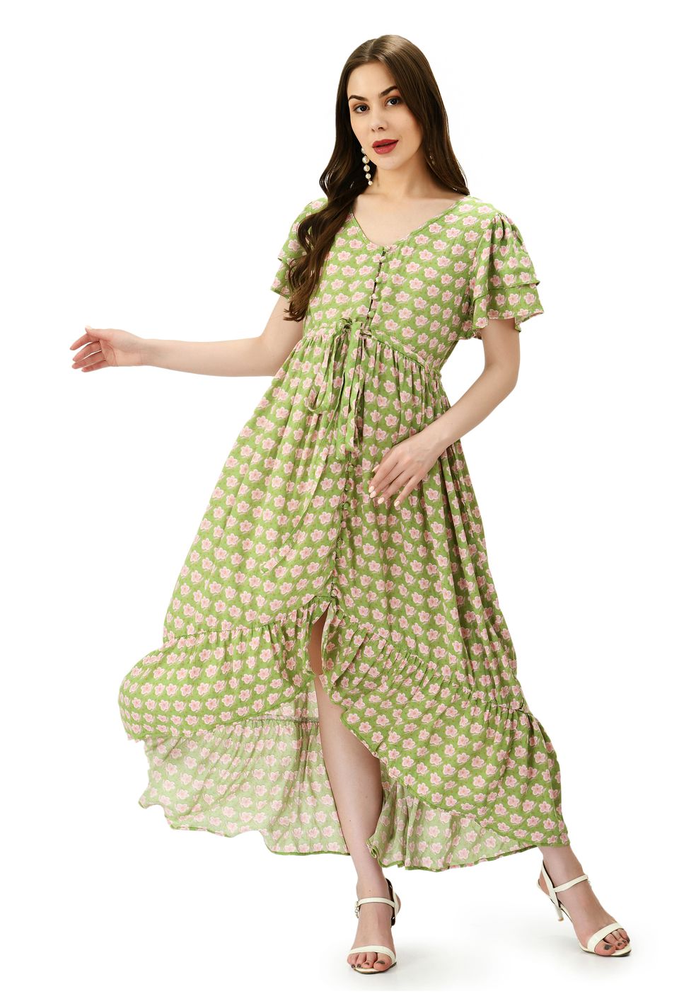 Mometernity Green Floral Maternity and Nursing Button Down High Low Dress