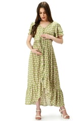 Mometernity Green Floral Maternity and Nursing Button Down High Low Dress