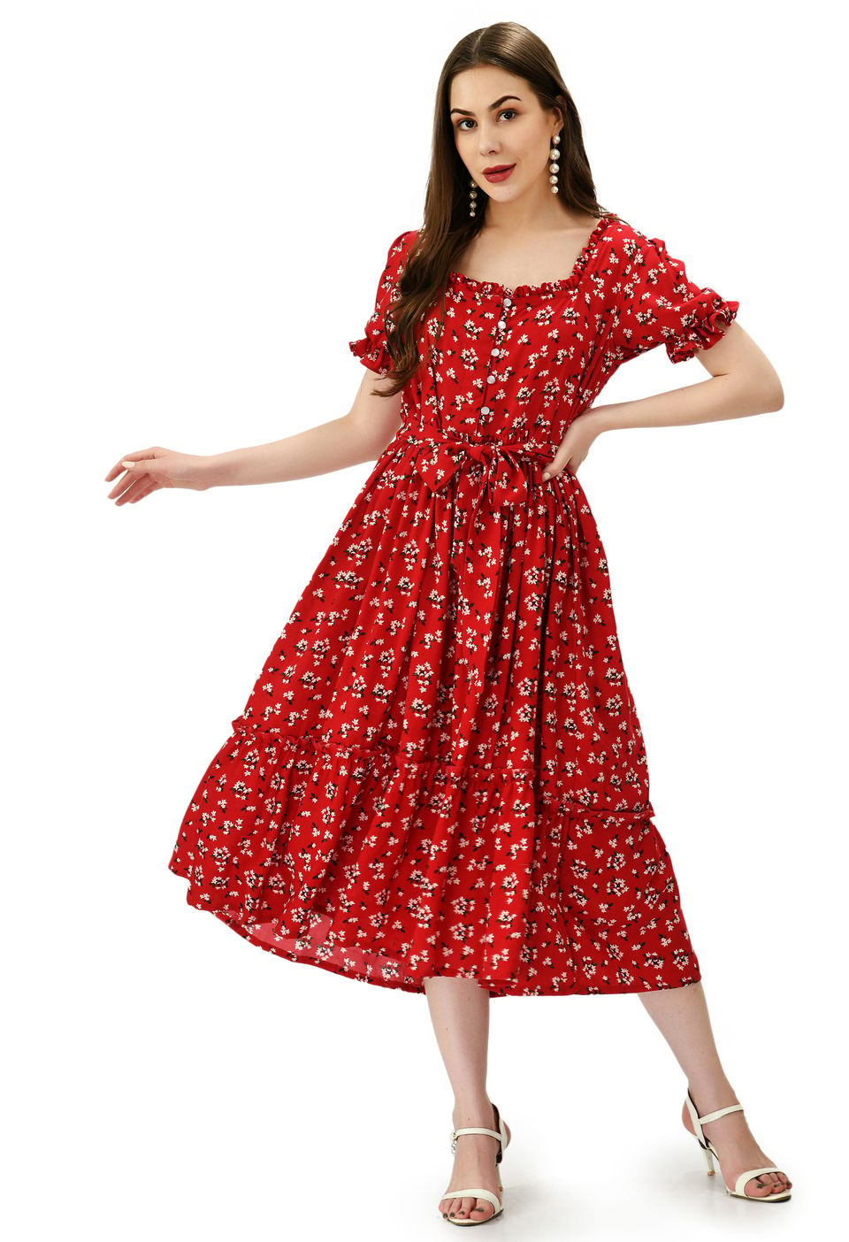 Mometernity Red Ditsy Floral Print Maternity and Nursing Midi Dress with Belt