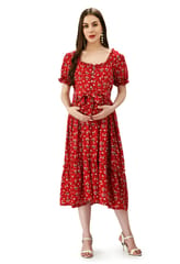 Mometernity Red Ditsy Floral Print Maternity and Nursing Midi Dress with Belt