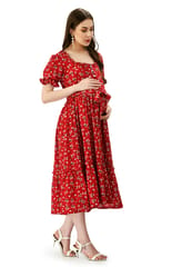 Mometernity Red Ditsy Floral Print Maternity and Nursing Midi Dress with Belt