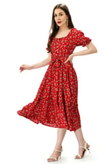 Mometernity Red Ditsy Floral Print Maternity and Nursing Midi Dress with Belt