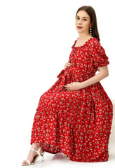 Mometernity Red Ditsy Floral Print Maternity and Nursing Midi Dress with Belt