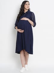 Mine4Nine Women's Navy A-Line Lace Maternity and Nursing Dress