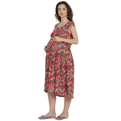 Mine4Nine Women's Red A-Line Rayon Maternity and Nursing Dress