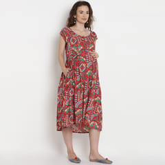 Mine4Nine Women's Red A-Line Rayon Maternity and Nursing Dress