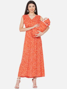 Mine4nine Orange Floral Maxi Maternity and Nursing Dress for Mom and Matching Baby Wrapper Set