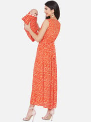 Mine4nine Orange Floral Maxi Maternity and Nursing Dress for Mom and Matching Baby Wrapper Set