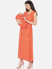 Mine4nine Orange Floral Maxi Maternity and Nursing Dress for Mom and Matching Baby Wrapper Set