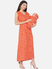 Mine4nine Orange Floral Maxi Maternity and Nursing Dress for Mom and Matching Baby Wrapper Set