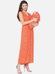 Mine4nine Orange Floral Maxi Maternity and Nursing Dress for Mom and Matching Baby Wrapper Set