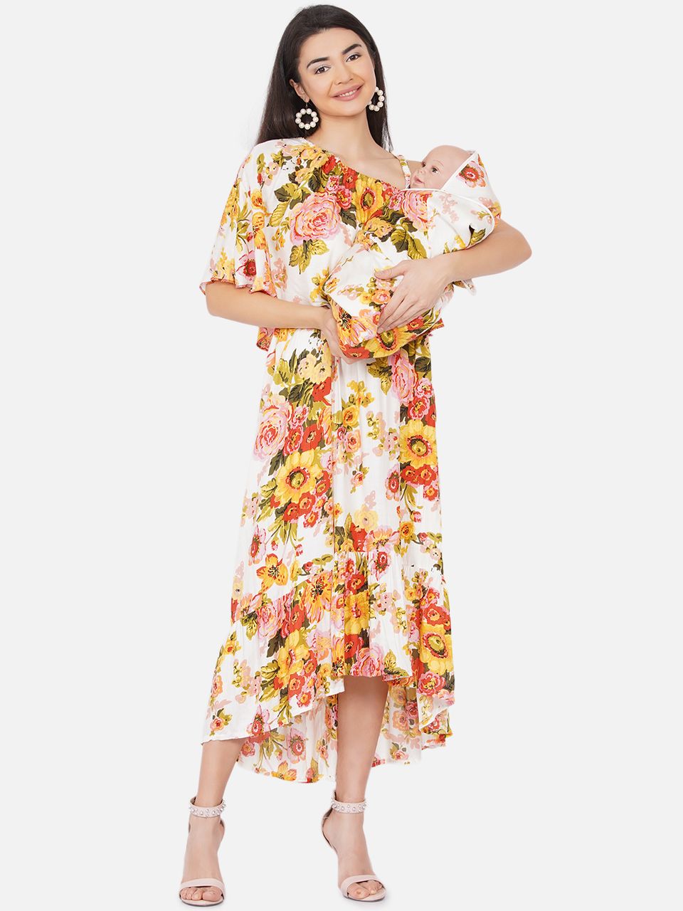 Mine4nine Off-White One Shoulder Floral Maxi Maternity and Nursing Dress for Mom and Matching Baby Wrapper Set