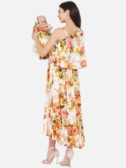 Mine4nine Off-White One Shoulder Floral Maxi Maternity and Nursing Dress for Mom and Matching Baby Wrapper Set