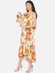 Mine4nine Off-White One Shoulder Floral Maxi Maternity and Nursing Dress for Mom and Matching Baby Wrapper Set