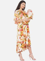 Mine4nine Off-White One Shoulder Floral Maxi Maternity and Nursing Dress for Mom and Matching Baby Wrapper Set