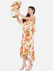 Mine4nine Off-White One Shoulder Floral Maxi Maternity and Nursing Dress for Mom and Matching Baby Wrapper Set