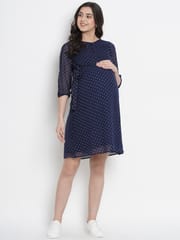 Mine4Nine Women's Navy A-Line Synthetic Maternity and Nursing Dress