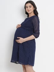 Mine4Nine Women's Navy A-Line Synthetic Maternity and Nursing Dress