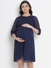 Mine4Nine Women's Navy A-Line Synthetic Maternity and Nursing Dress