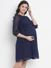 Mine4Nine Women's Navy A-Line Synthetic Maternity and Nursing Dress