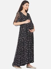 Mine4Nine Women's Maternity Floral Print Black Color Maxi Baby Shower Dress