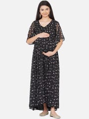 Mine4Nine Women's Maternity Floral Print Black Color Maxi Baby Shower Dress