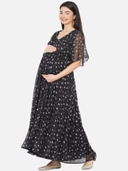 Mine4Nine Women's Maternity Floral Print Black Color Maxi Baby Shower Dress